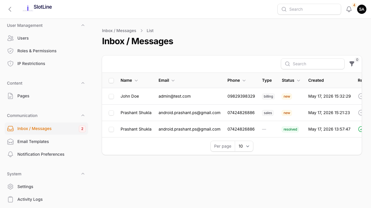 Admin — Contact Inbox list showing sender, subject, status, and unread badge count in sidebar