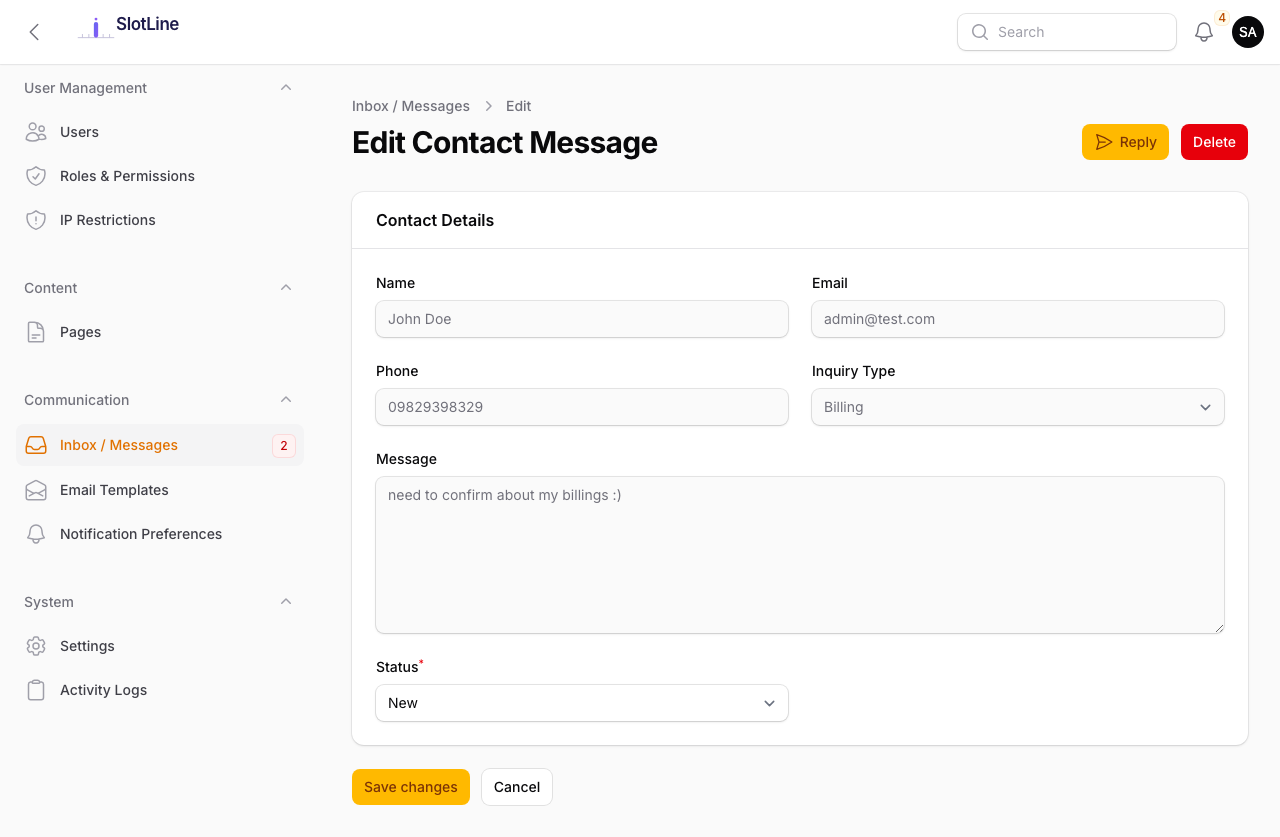 Admin — Contact Inbox message view showing sender details, message body, and reply form