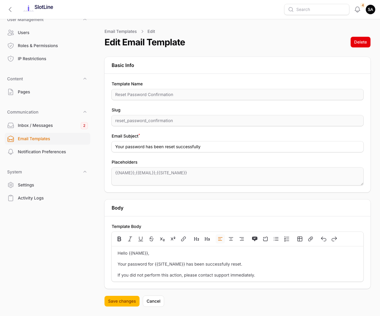 Admin — Email template editor showing subject, HTML body, and placeholder reference