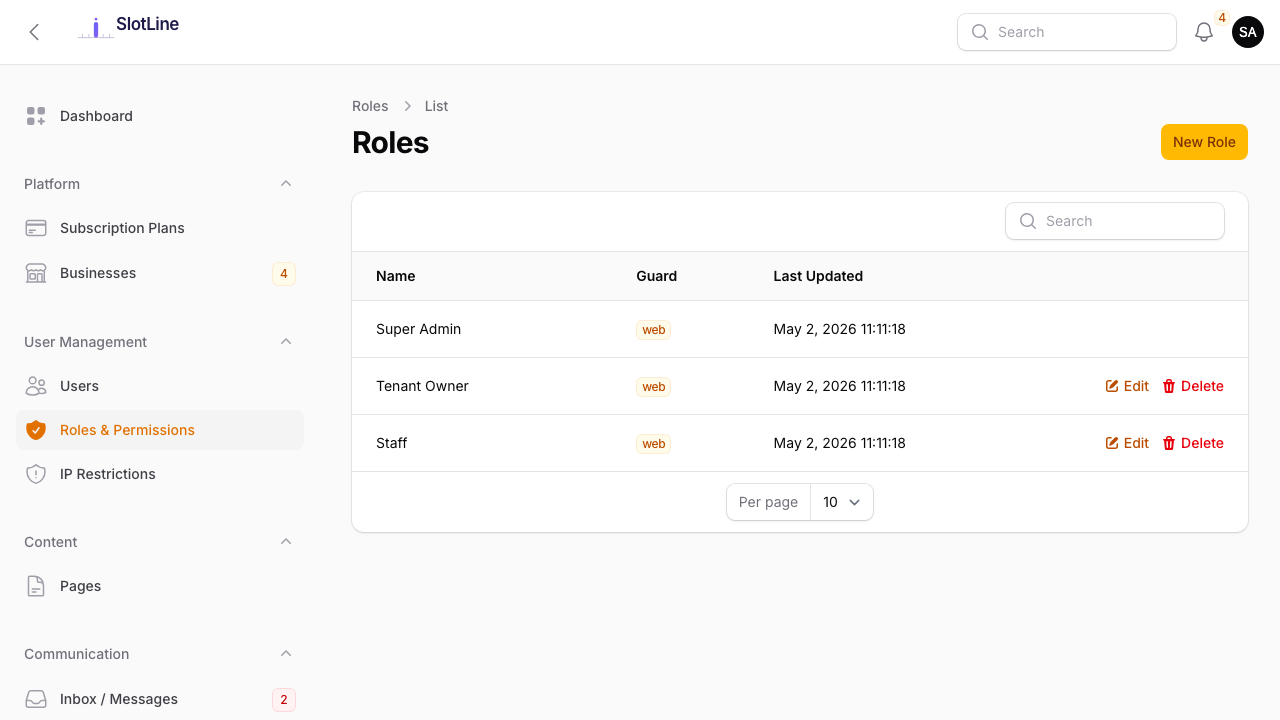 Admin — Roles list with edit permission matrix for each resource and action