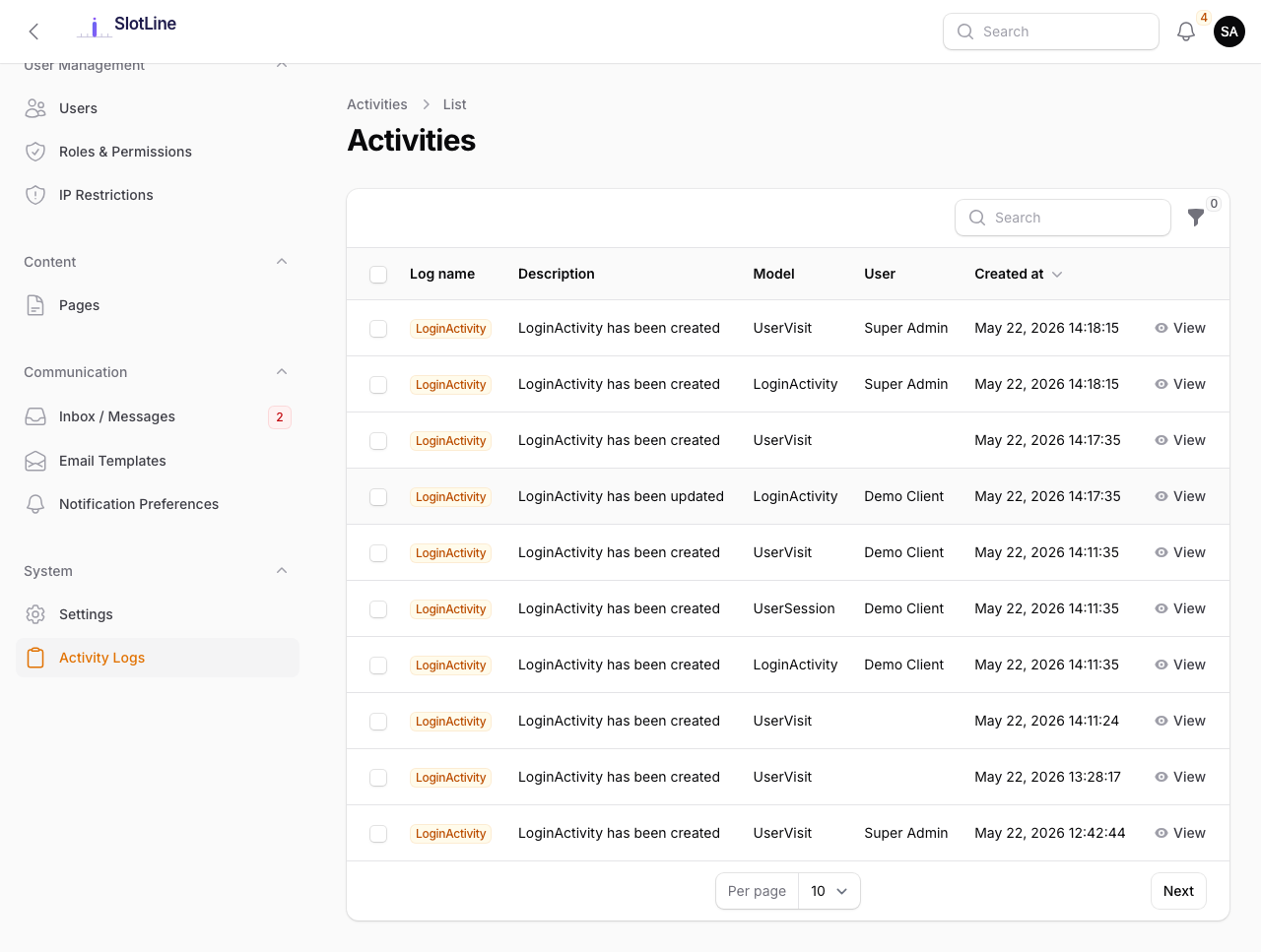 Admin — Activity Logs showing a list of actions with before/after change data