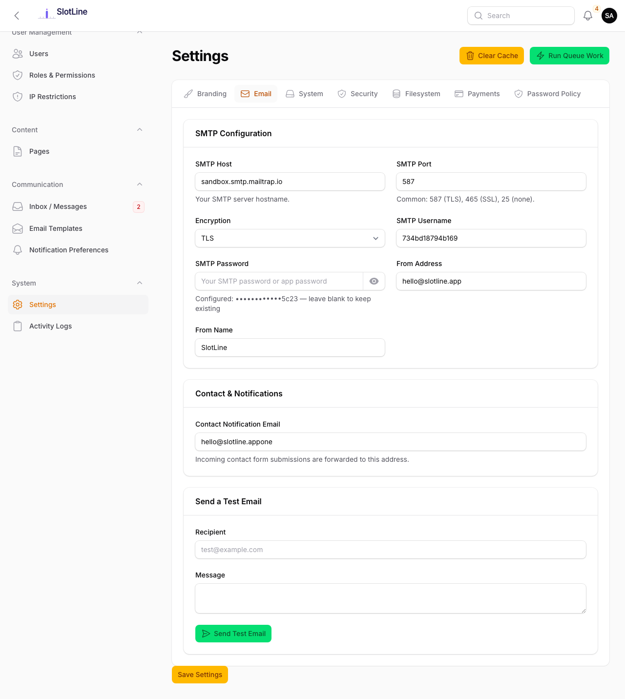 Admin → Settings → Email tab showing SMTP fields and Send Test Email form