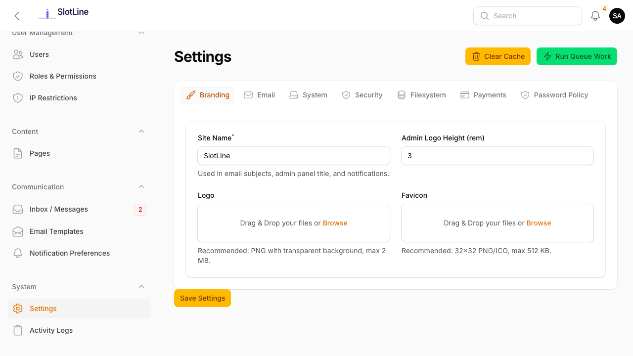 Admin — Settings page showing all configuration tabs: Branding, Email, System, Security, Filesystem, Payments, Password Policy