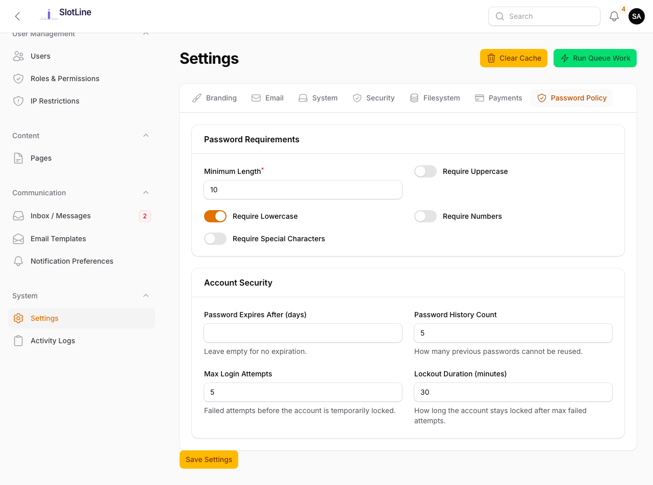 Admin — Settings → Password Policy tab showing complexity toggles, history, and expiry settings