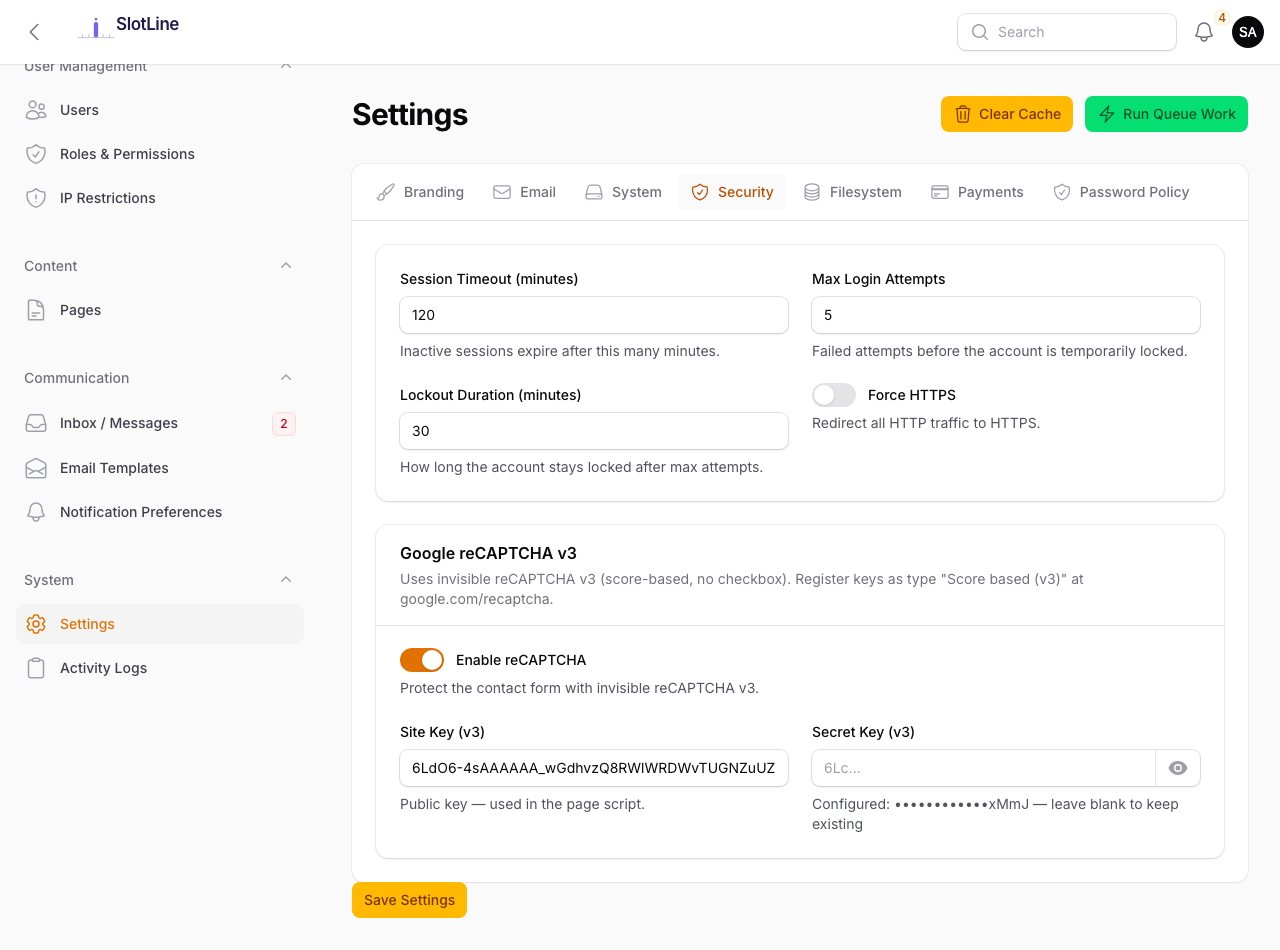 Admin — Settings → Security tab where reCAPTCHA Site Key and Secret Key are entered