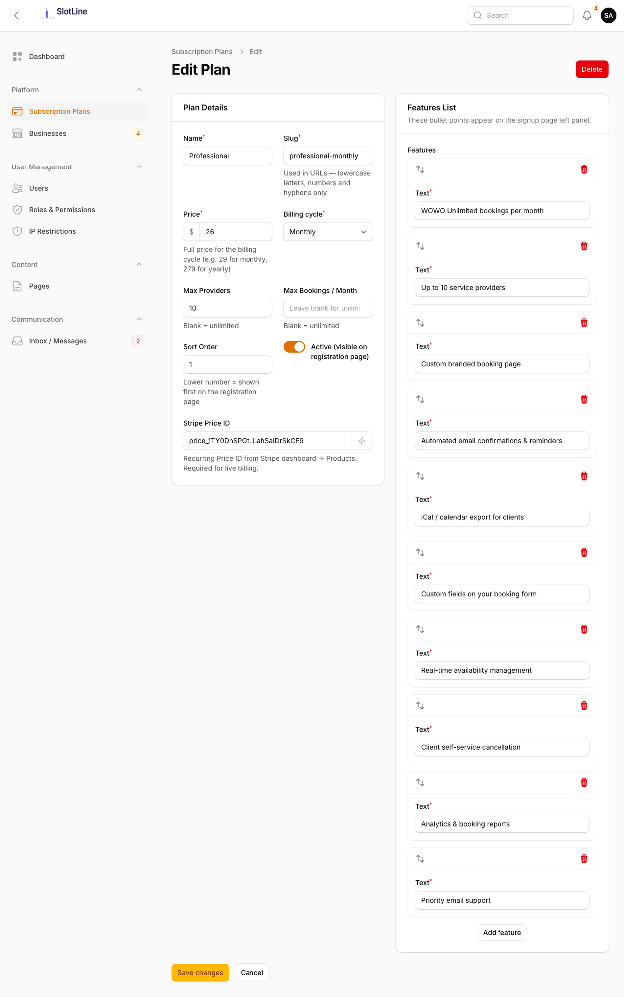 Admin — Subscription Plan edit showing name, price, Stripe Price ID, and feature bullets