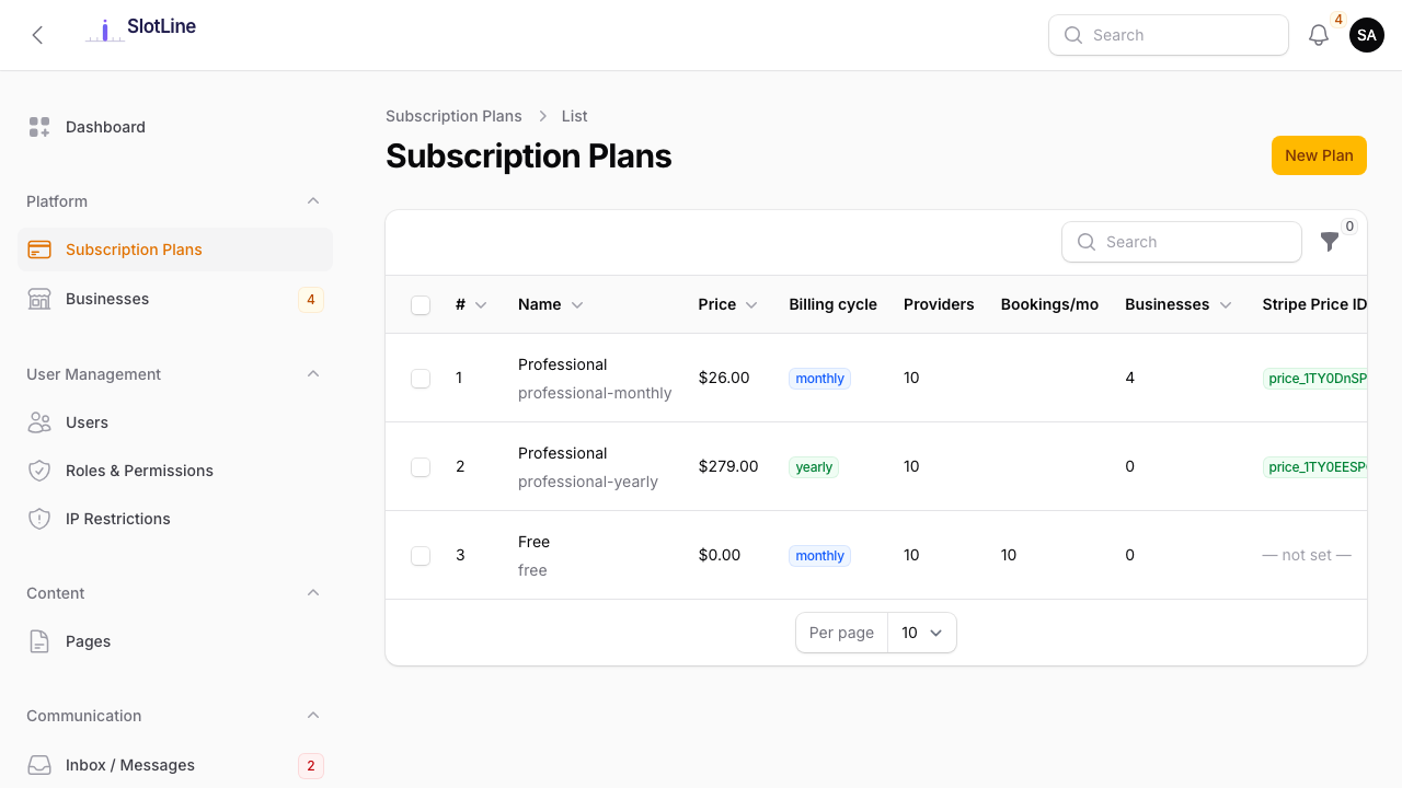 Admin — Subscription Plans list showing plan names, prices, and Stripe IDs