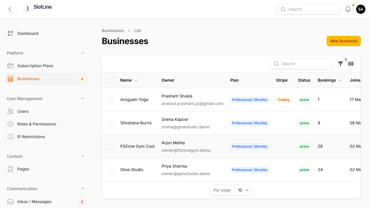Admin — Businesses list showing tenant name, owner, plan, status, and action buttons