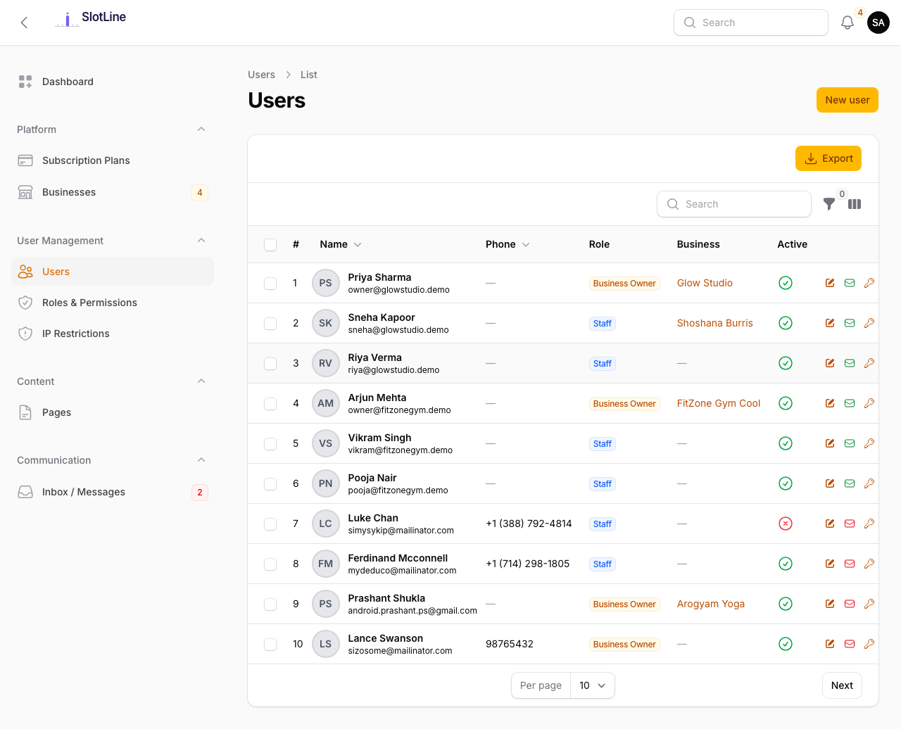 Admin — Users list showing name, email, role, and tenant assignment