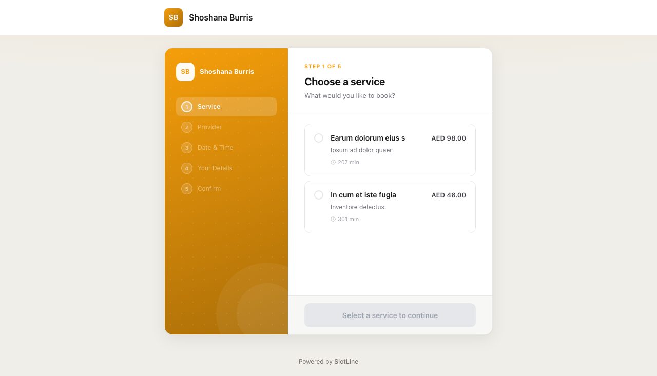 Slotara public booking page — desktop view showing service selection