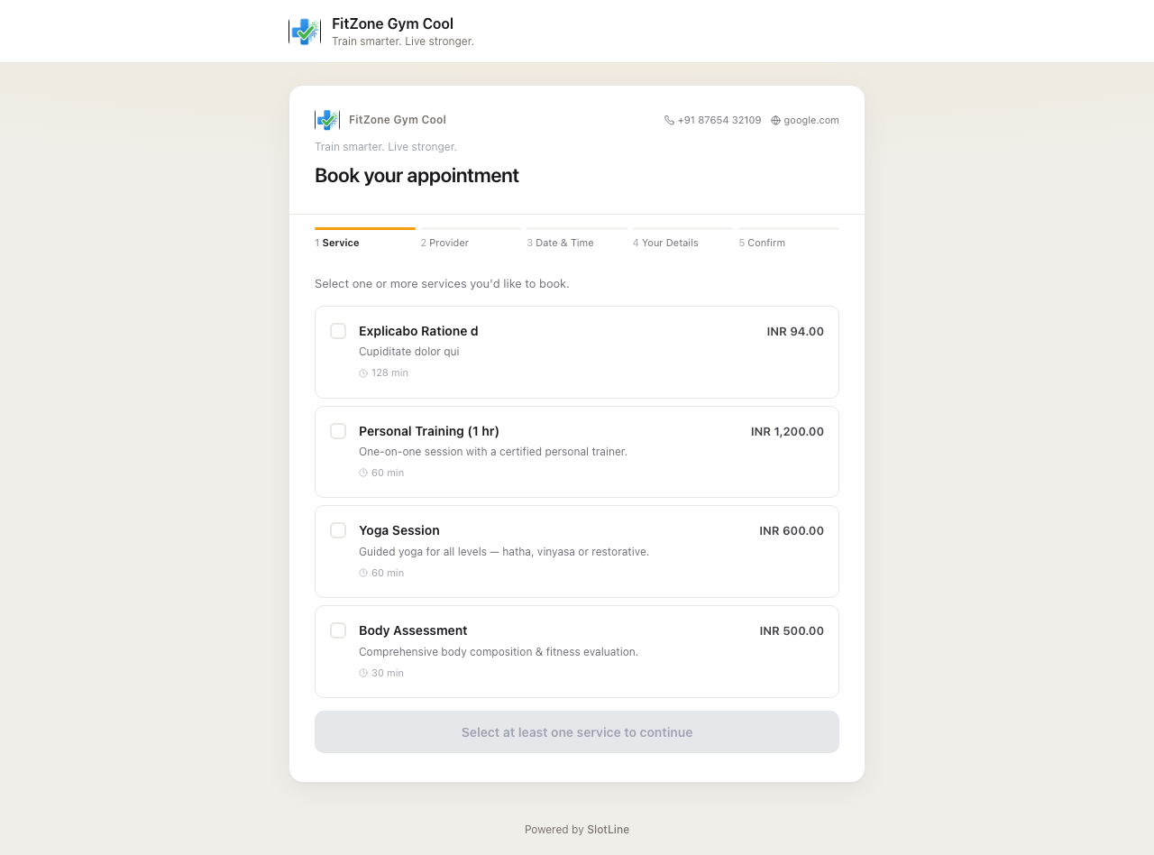 Public booking page showing service cards, provider selection, and calendar slot picker