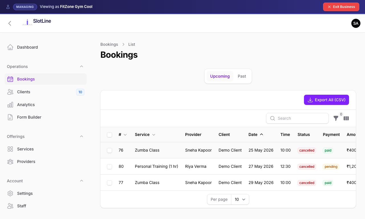 Bookings list with status badge filters, date range picker, search bar, and per-row action menu