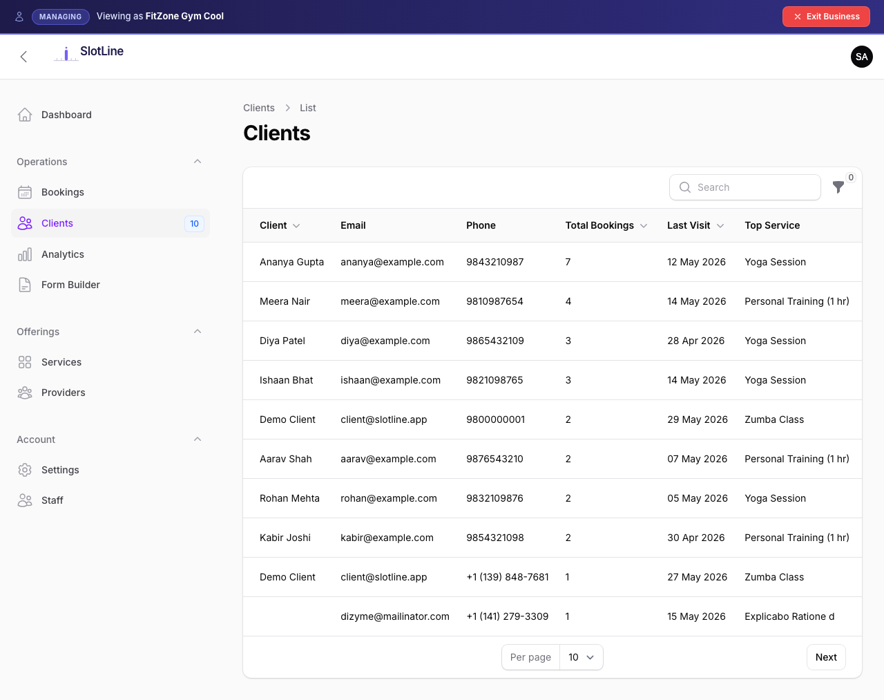 Clients list showing name, email, phone, total bookings, last visit, top service, and total spent columns