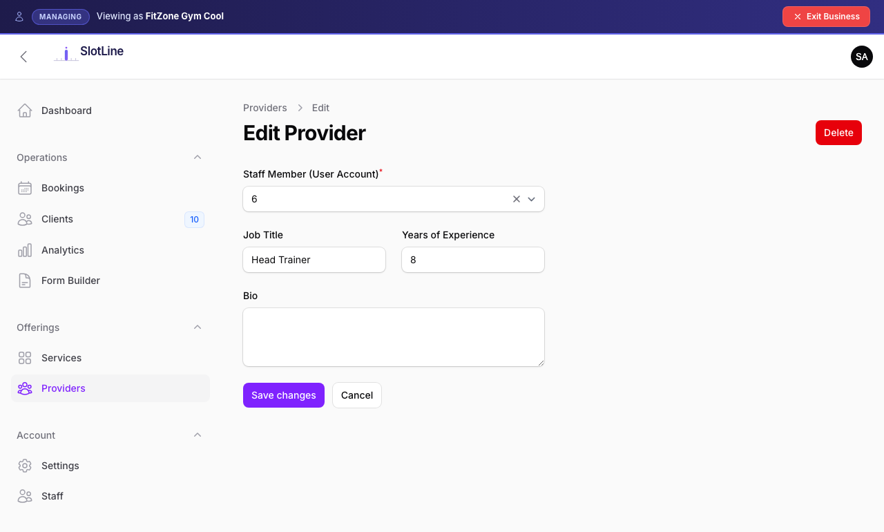 Provider edit form — job title, years of experience, bio, and service assignment