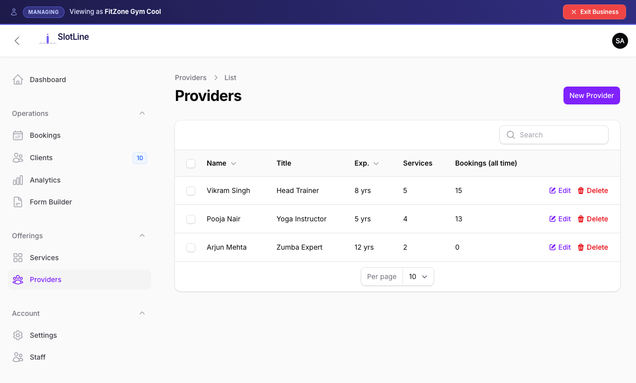 Business Panel — Providers list showing provider names, job titles, experience, and services they deliver