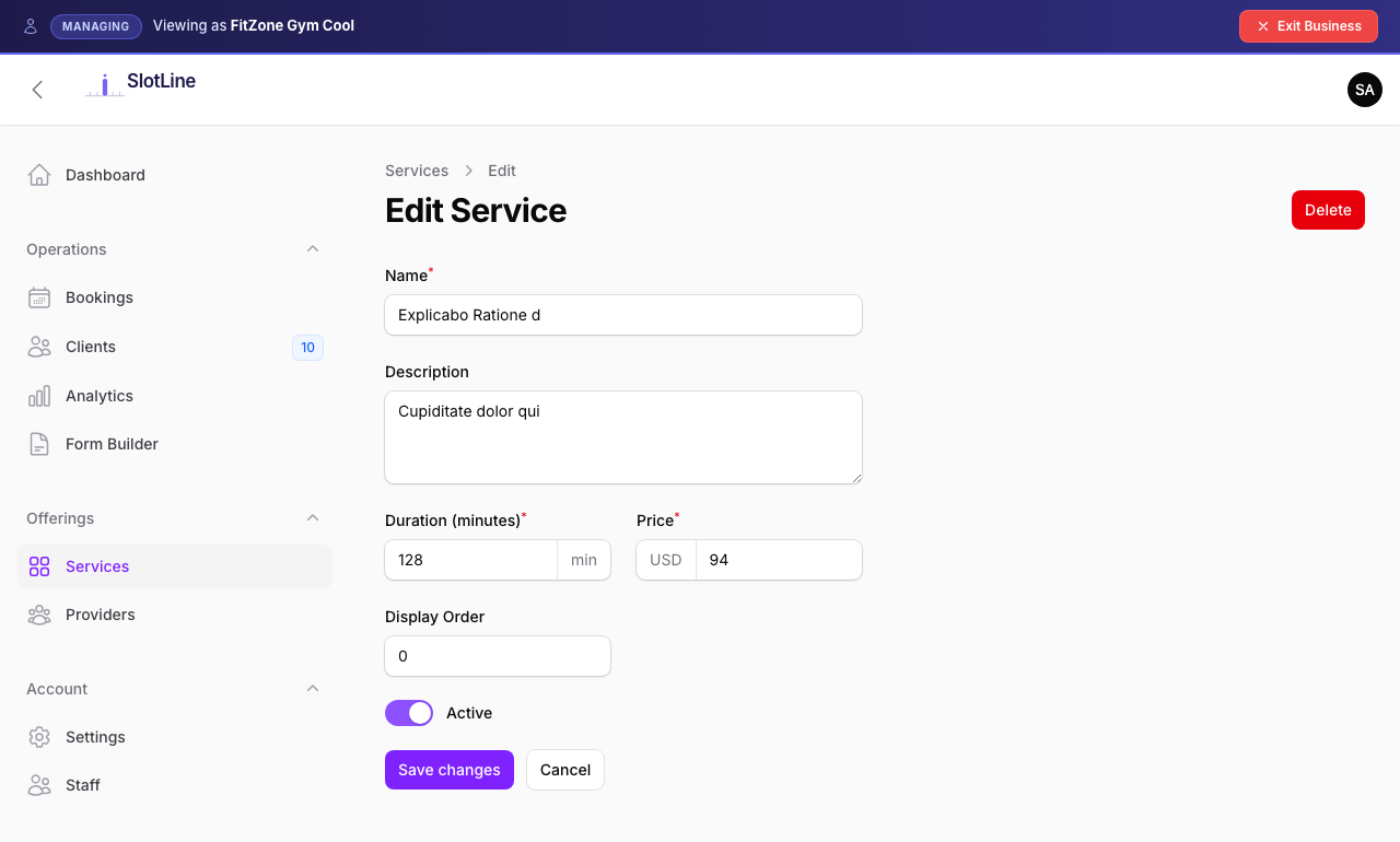 Service edit page — name, description, duration, price, and provider assignment