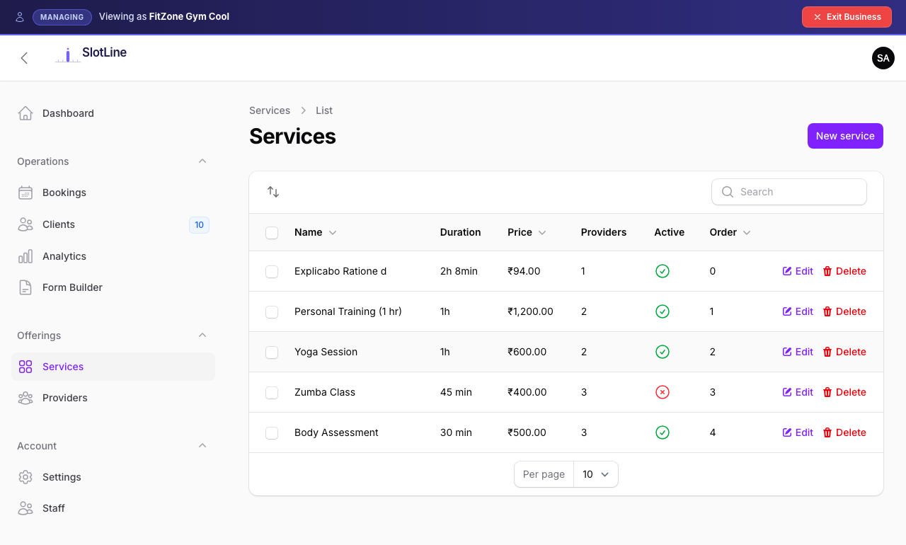 Business Panel — Services list showing service name, duration, price, provider count, and active toggle