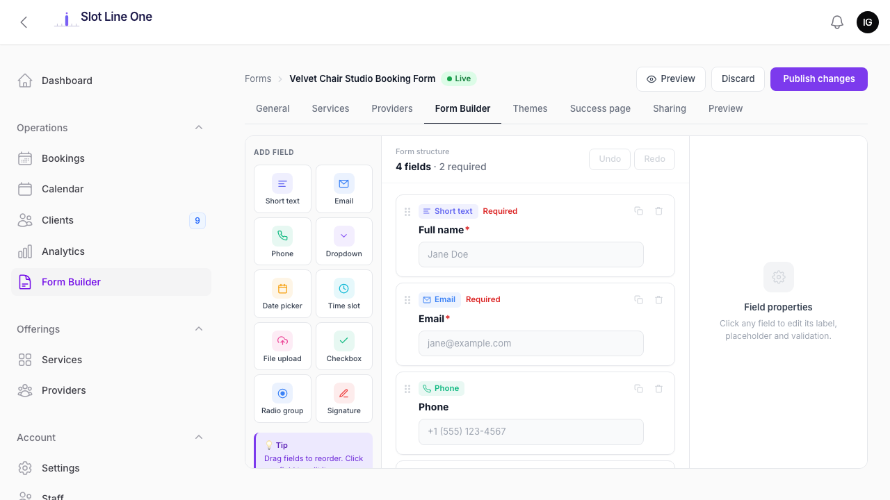 Form Builder — Form Builder tab with field palette on the left, form structure in the centre, and field properties on the right