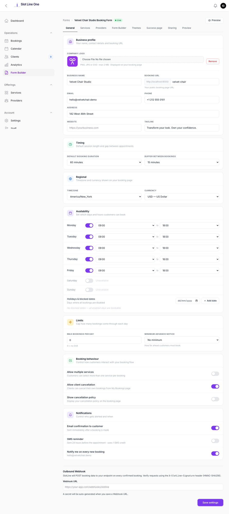 Form Builder — General tab showing business profile, timing, availability, and booking behaviour settings