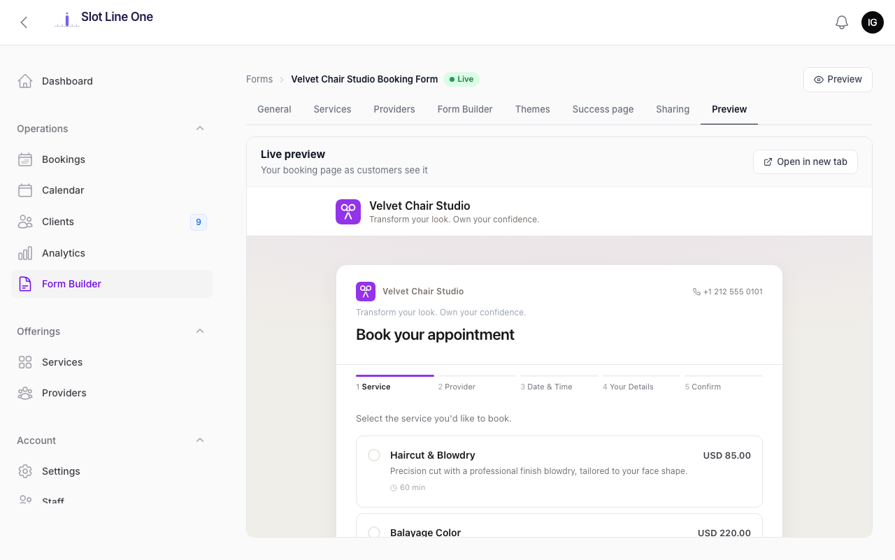 Form Builder — Preview tab showing the live booking page as customers see it