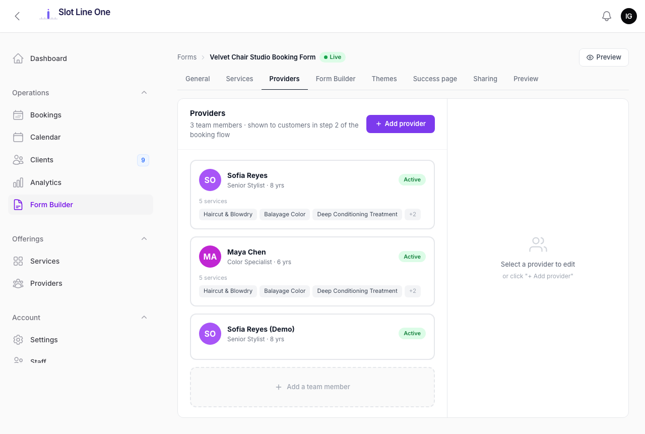 Form Builder — Providers tab showing 3 team members with their services and active status