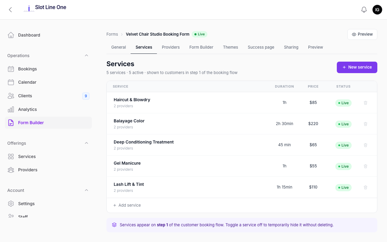Form Builder — Services tab listing 5 active services with duration, price and Live status