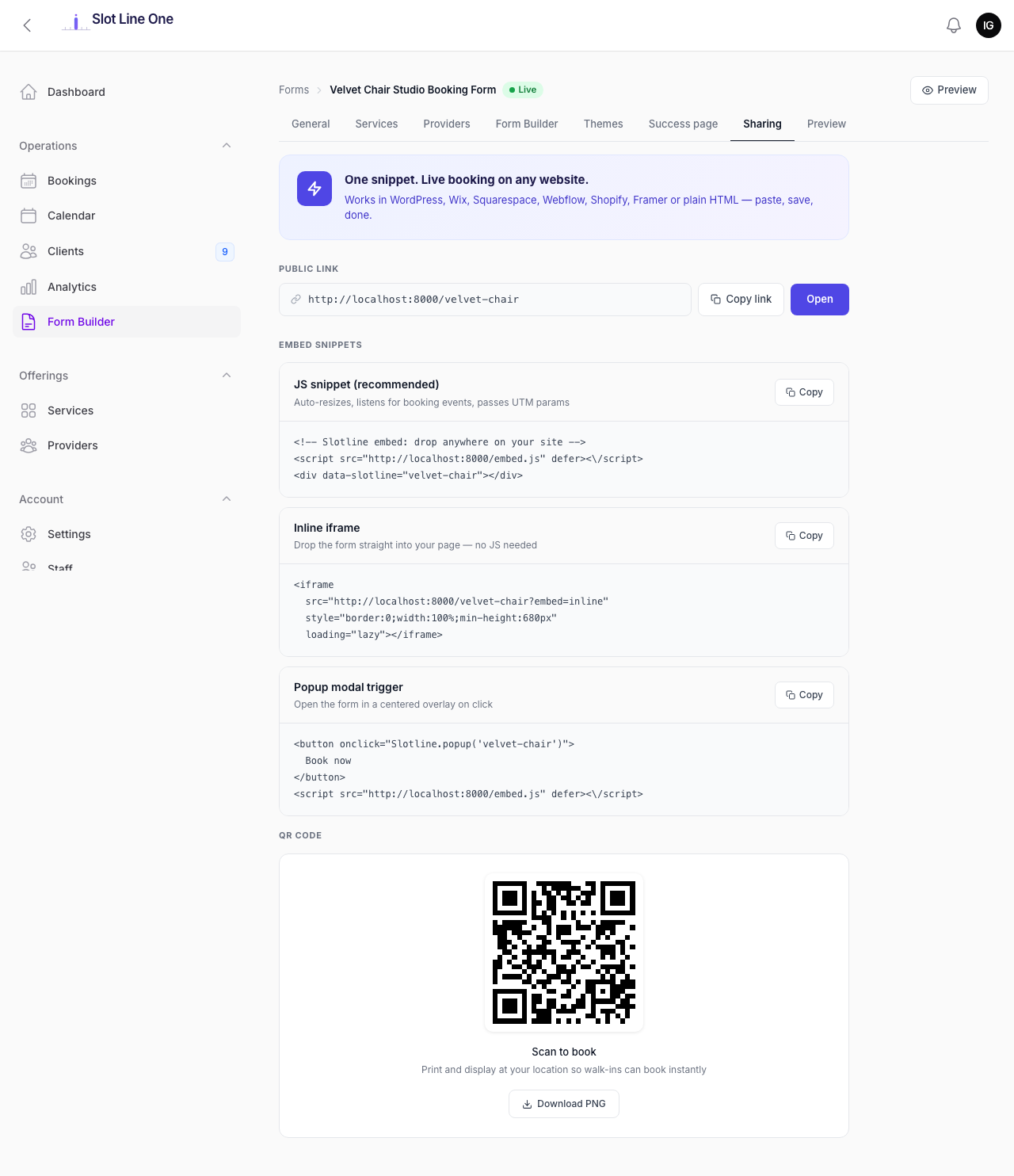 Form Builder — Sharing tab showing public link, embed snippets (JS, iframe, popup), and QR code with download button