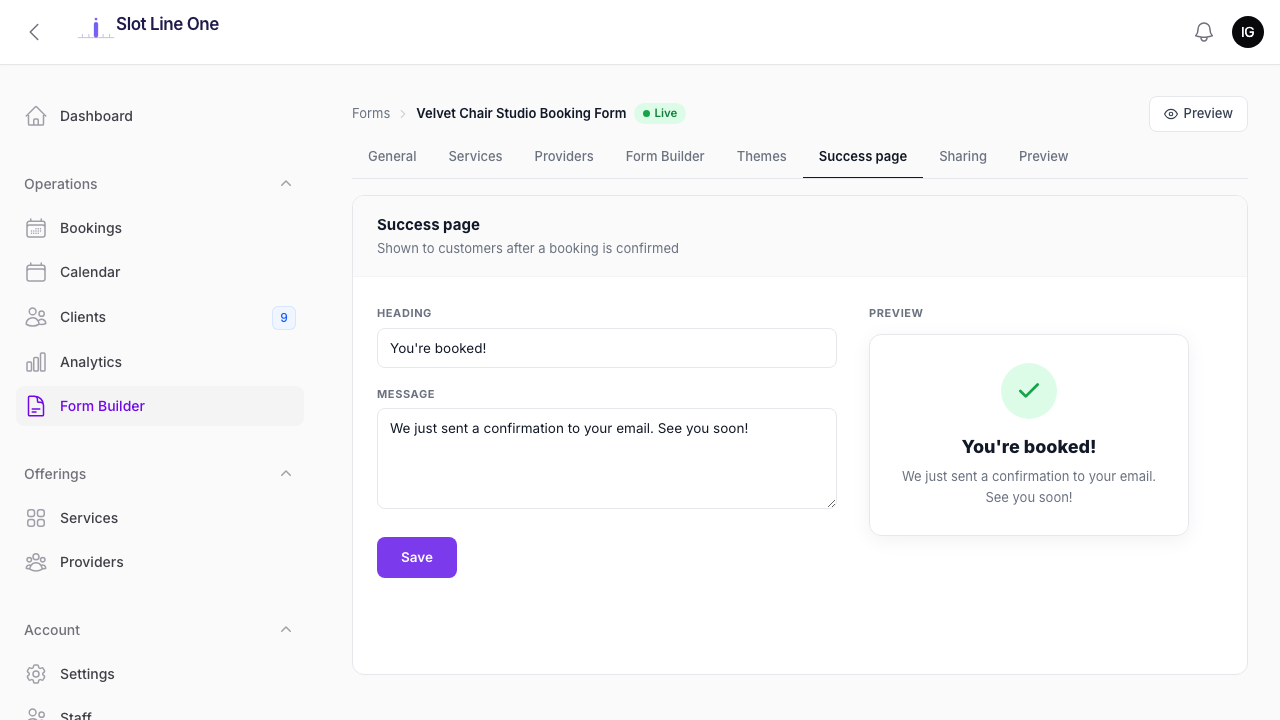 Form Builder — Success page tab showing heading and message fields with a live preview on the right