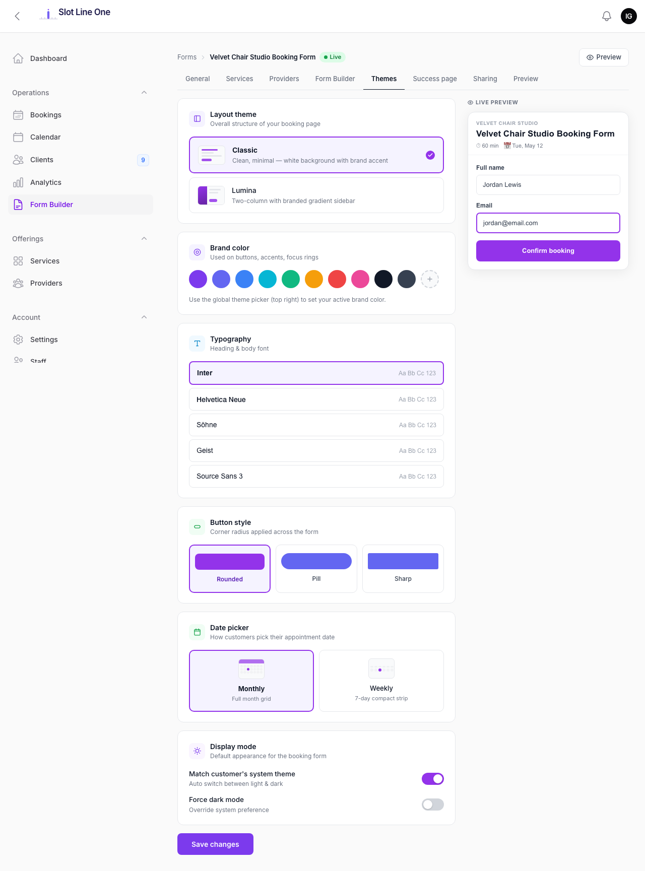 Form Builder — Themes tab showing layout options, brand colour picker, typography and button style with a live preview panel on the right