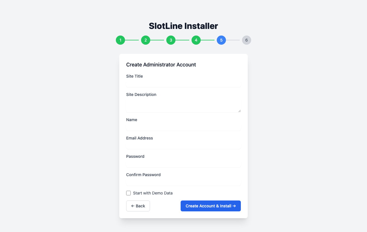 Step 5 — Admin form showing Site Title, Name, Email, Password fields and the Start with Demo Data checkbox