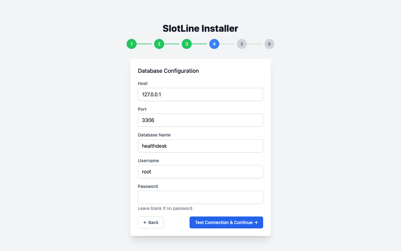 Step 4 — Database form showing Host, Port, Database Name, Username, and Password fields with a Test Connection and Continue button