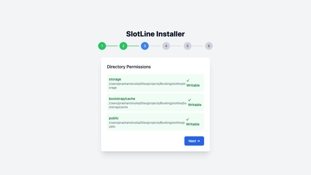 Step 3 — Permissions list showing each directory path and its writable status