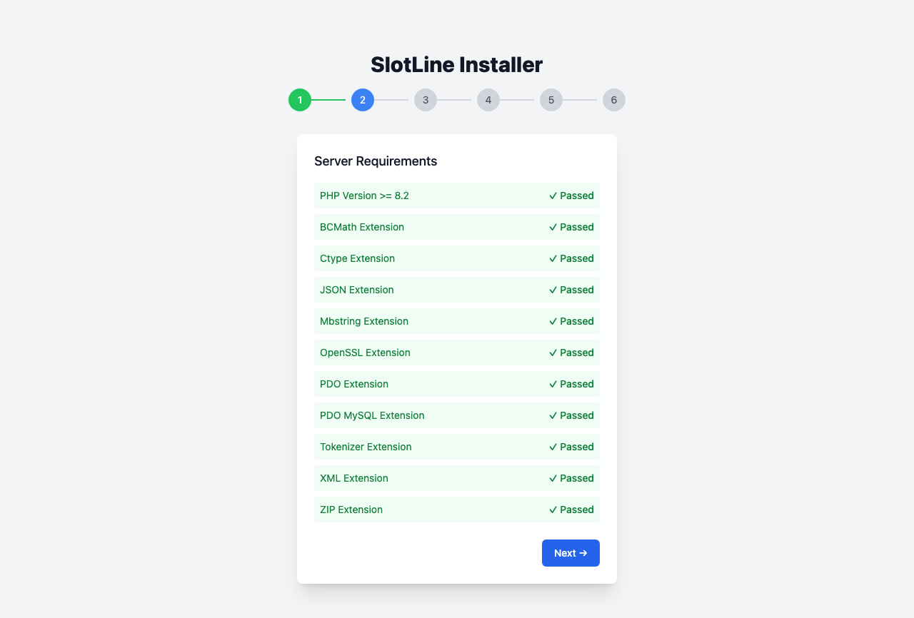 Step 2 — Requirements list showing green checkmarks for each passing requirement and a red X for any that fail