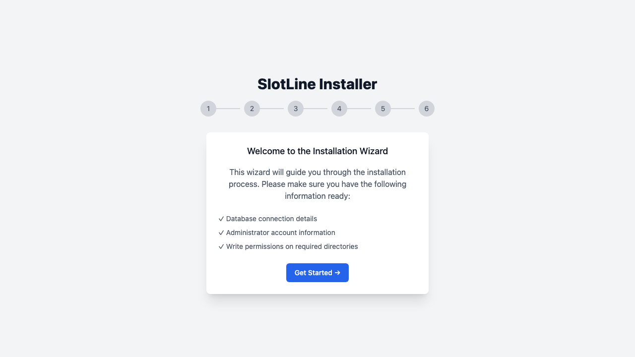 The 6-step installer progress bar showing Welcome → Requirements → Permissions → Database → Admin → Finish