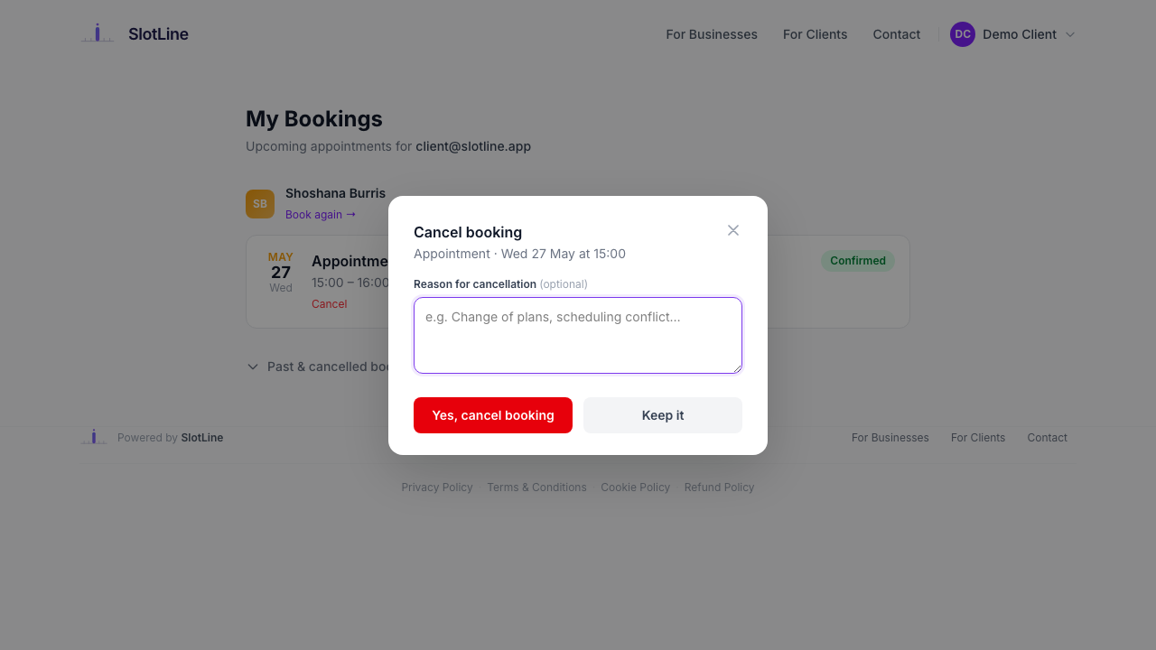 Cancel booking modal — booking details subtitle, optional reason textarea, Yes cancel booking and Keep it buttons