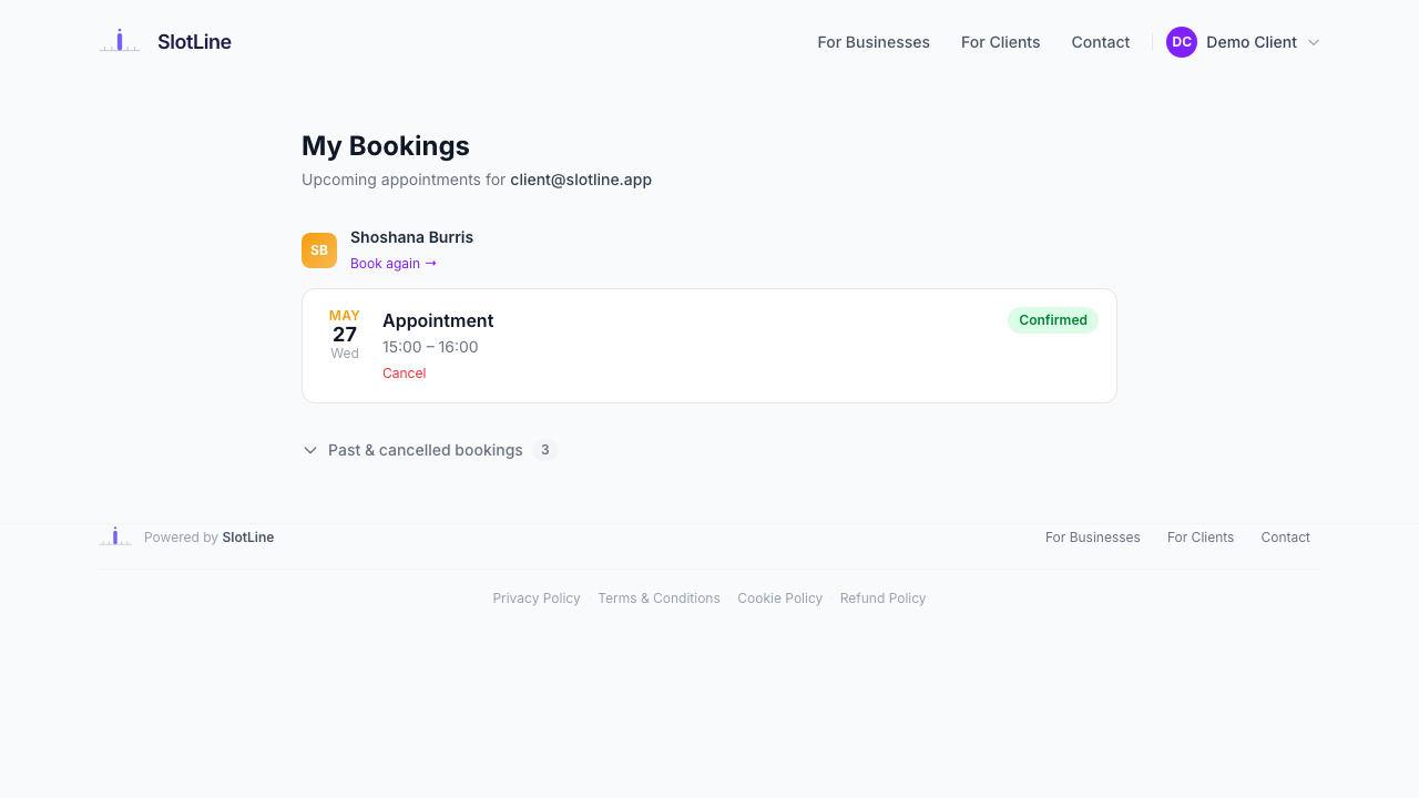 My Bookings — upcoming appointments grouped by business, collapsible past & cancelled section below